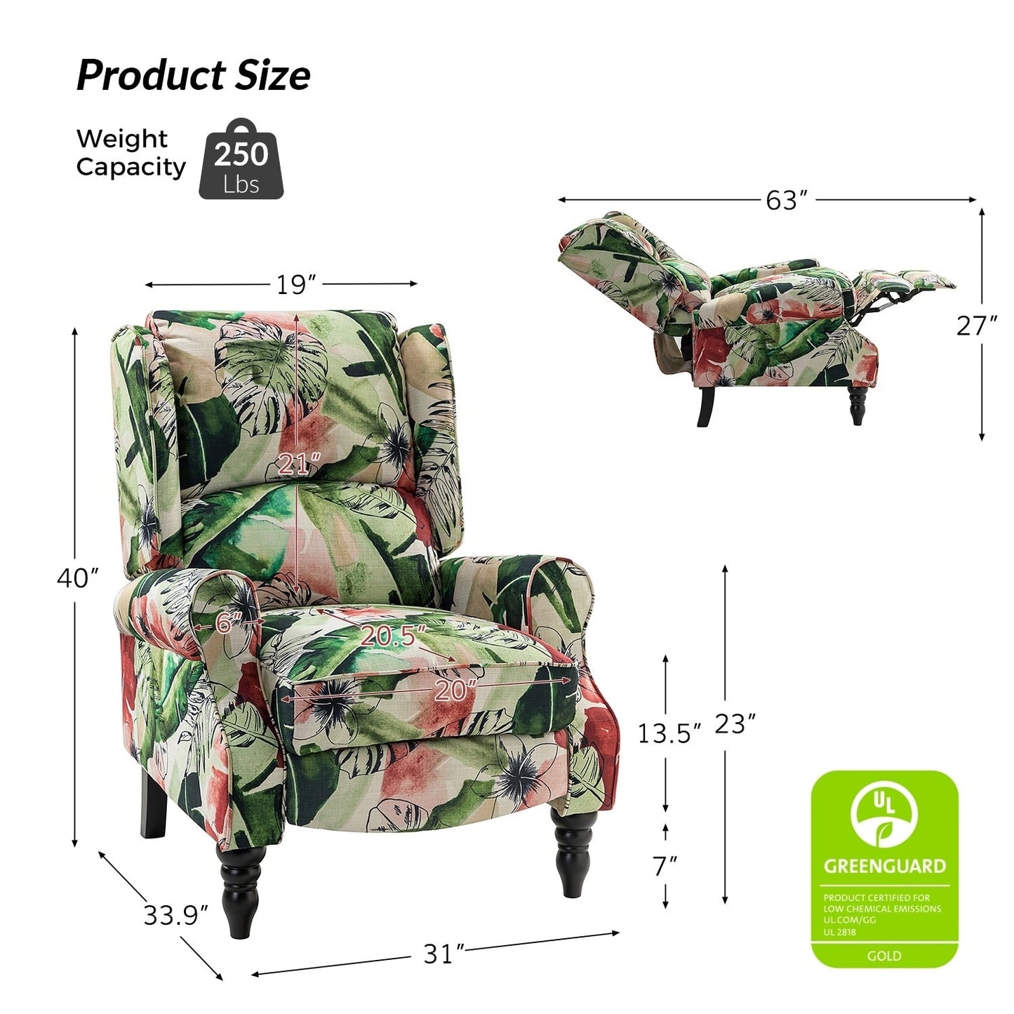 Fauteuil inclinable manuel classique rembourré Olympus avec pieds en bois massif par HULALA HOME