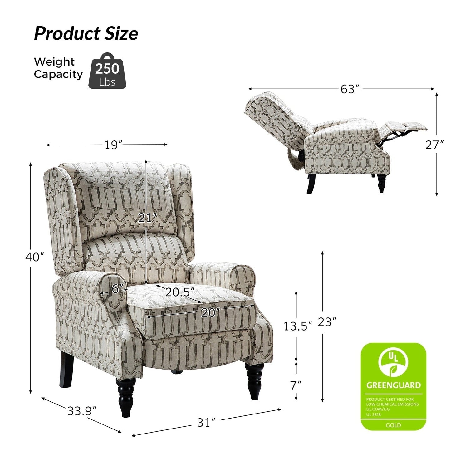 Fauteuil inclinable manuel classique rembourré Olympus avec pieds en bois massif par HULALA HOME