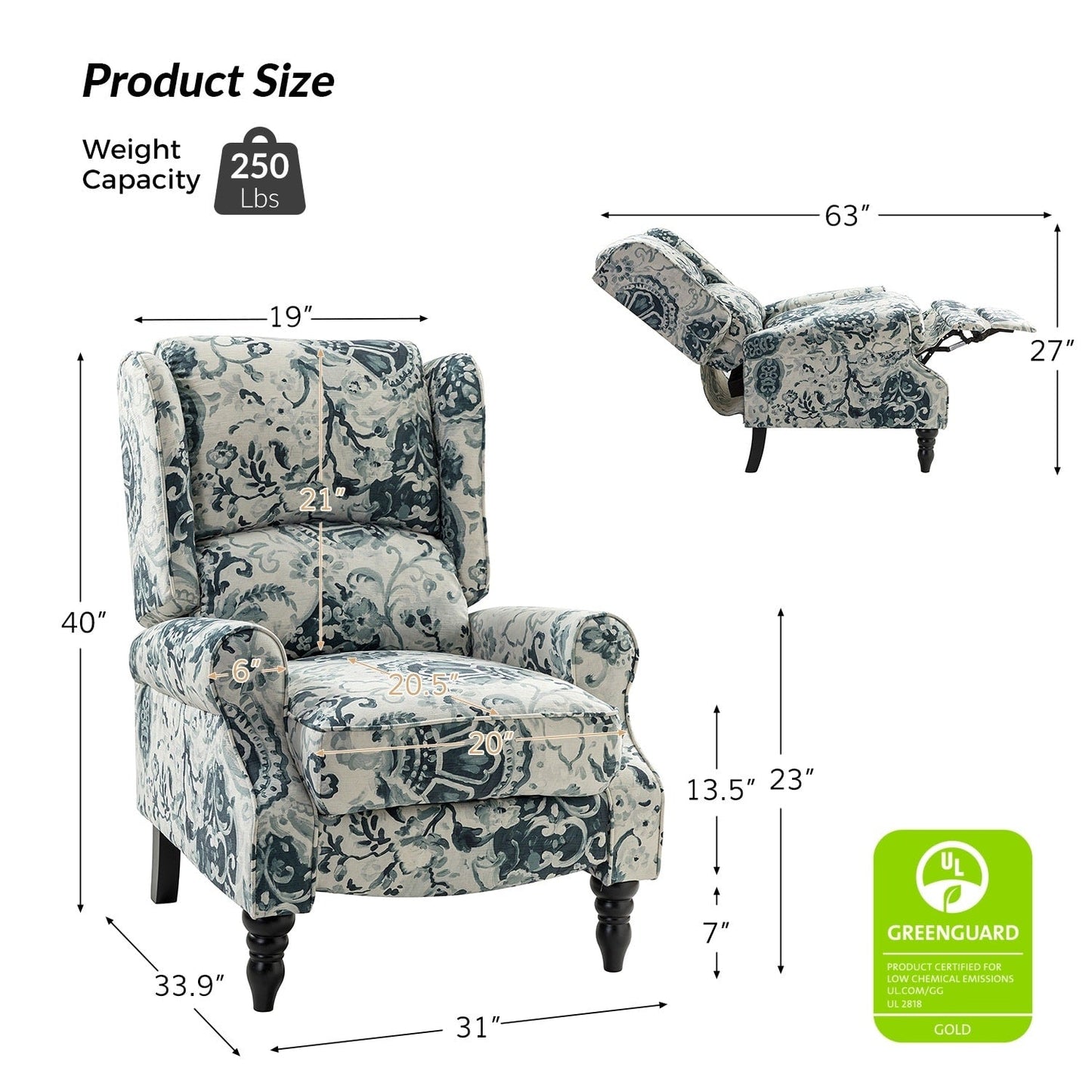 Fauteuil inclinable manuel classique rembourré Olympus avec pieds en bois massif par HULALA HOME