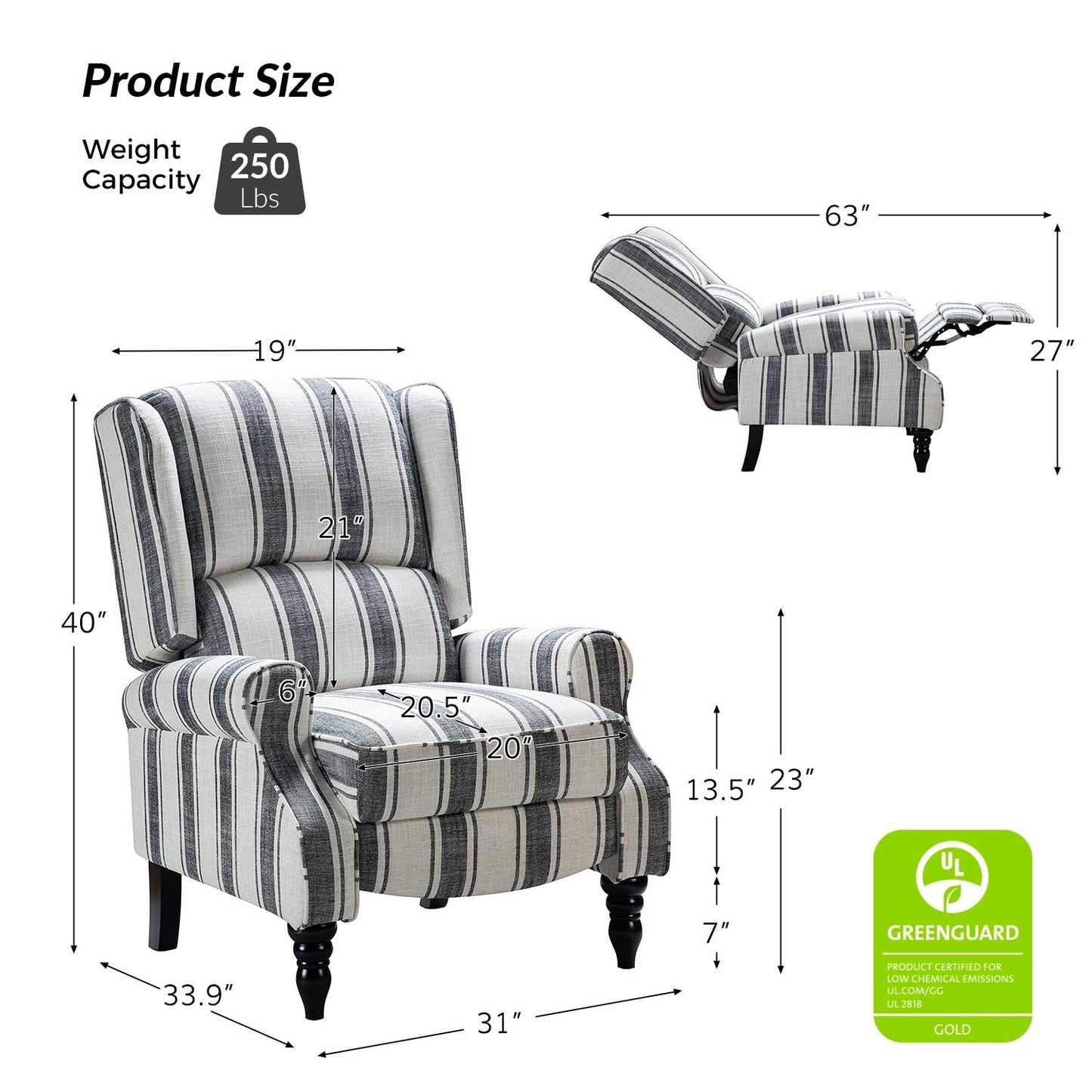 Fauteuil inclinable manuel classique rembourré Olympus avec pieds en bois massif par HULALA HOME