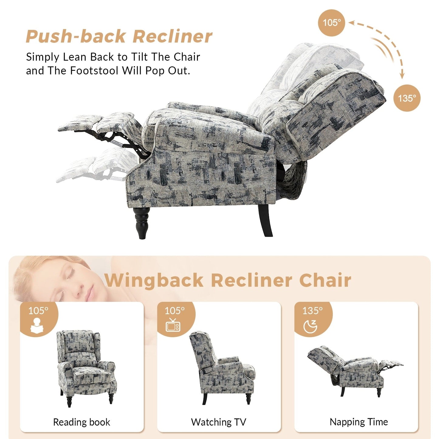 Fauteuil inclinable manuel classique rembourré Olympus avec pieds en bois massif par HULALA HOME