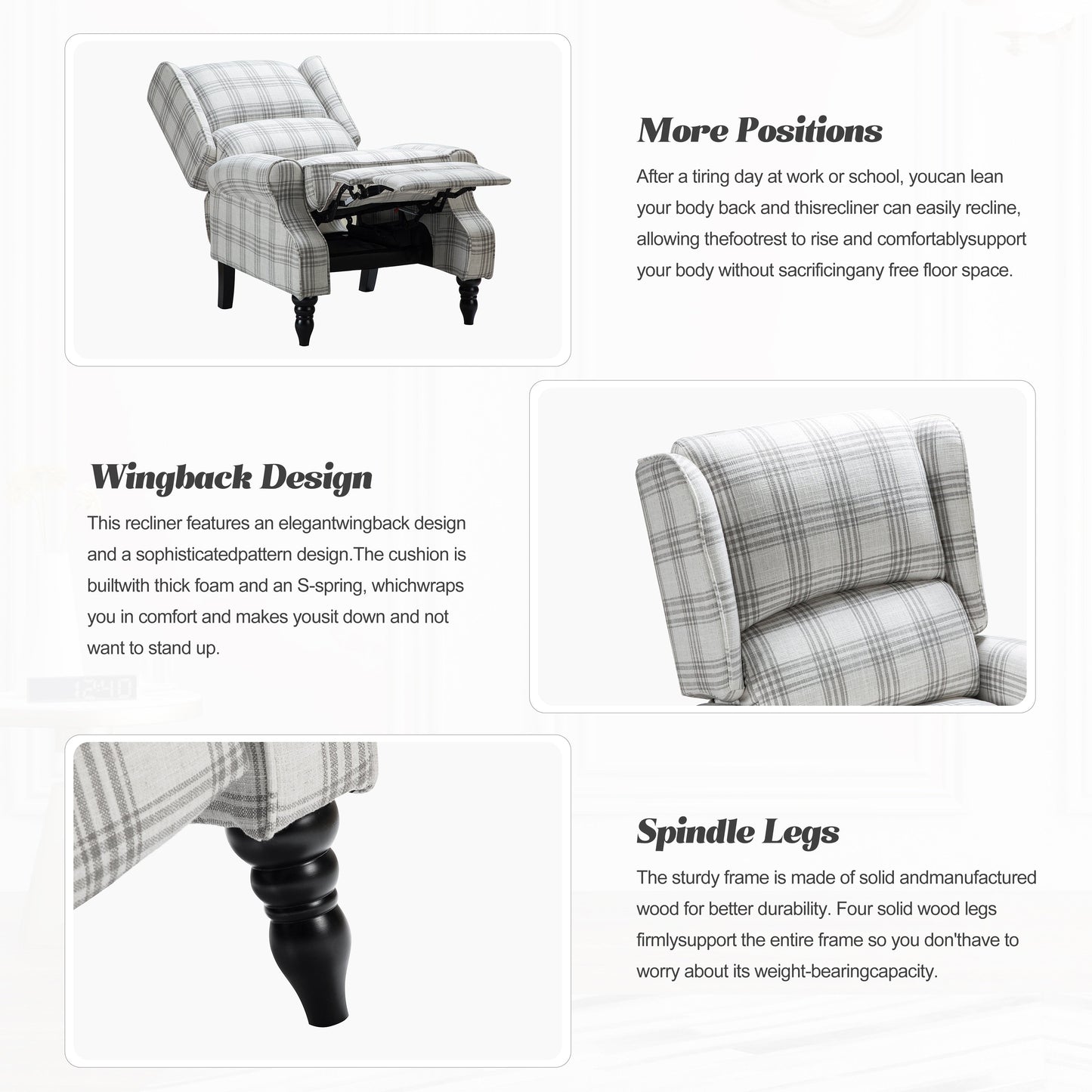 Fauteuil inclinable manuel classique rembourré Olympus avec pieds en bois massif par HULALA HOME