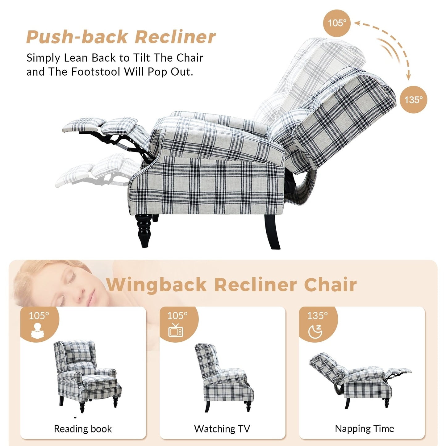 Fauteuil inclinable manuel classique rembourré Olympus avec pieds en bois massif par HULALA HOME