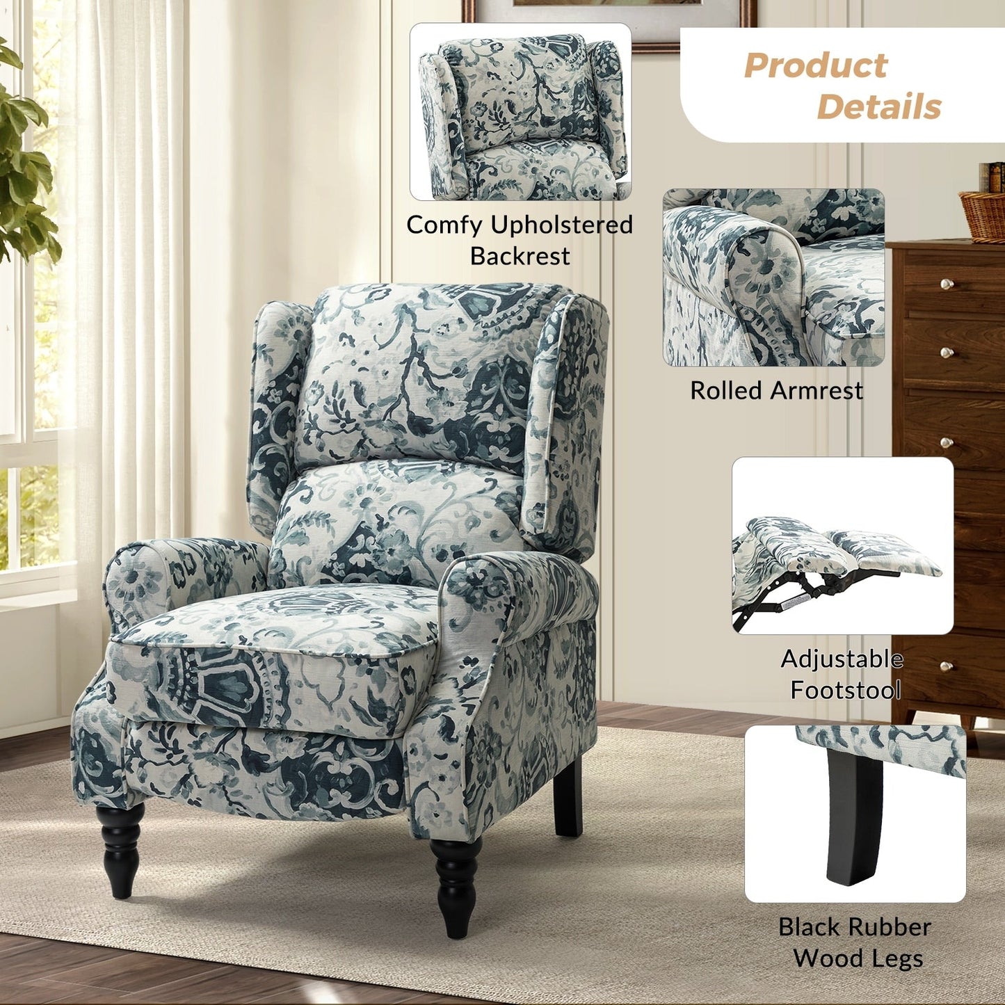 Fauteuil inclinable manuel classique rembourré Olympus avec pieds en bois massif par HULALA HOME