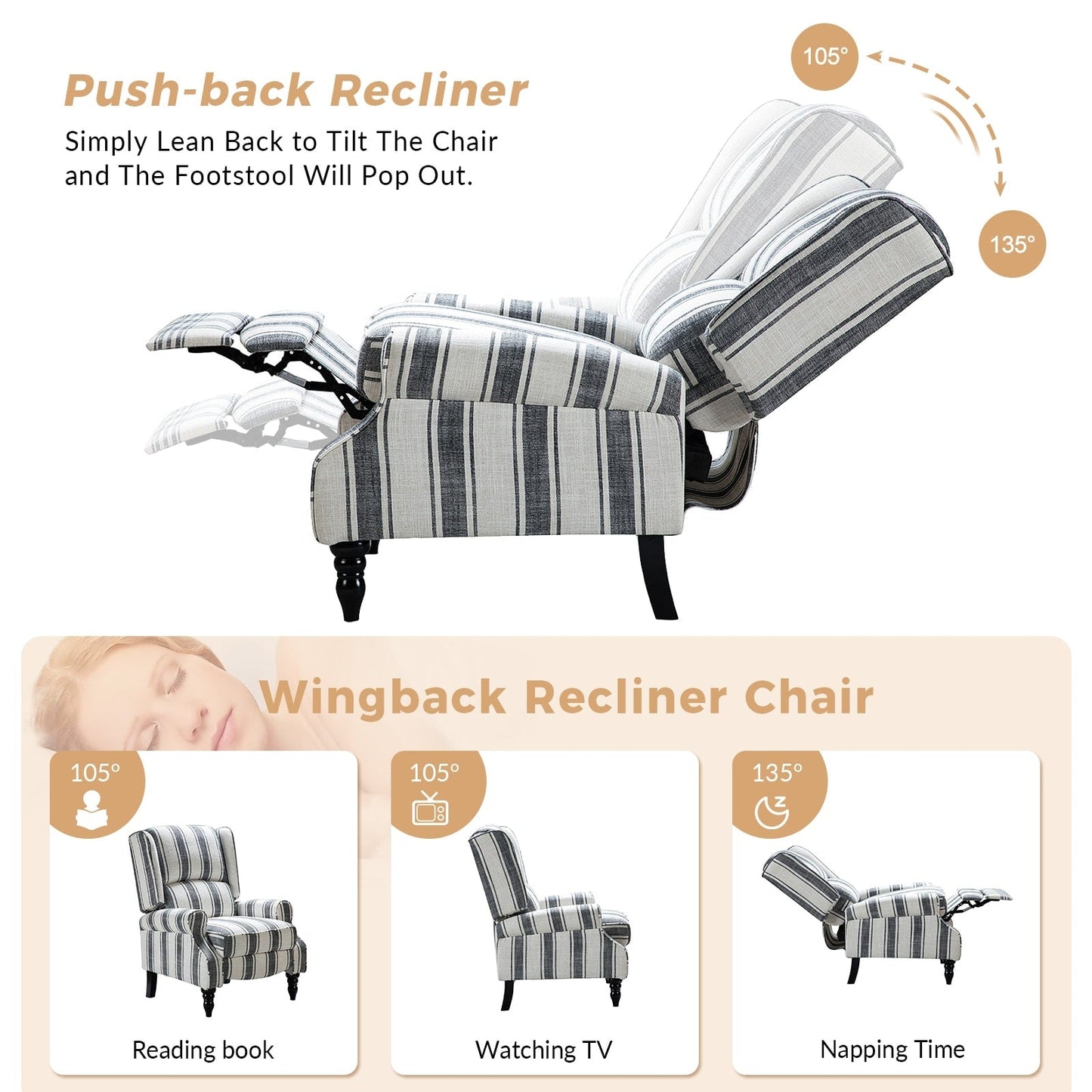 Fauteuil inclinable manuel classique rembourré Olympus avec pieds en bois massif par HULALA HOME