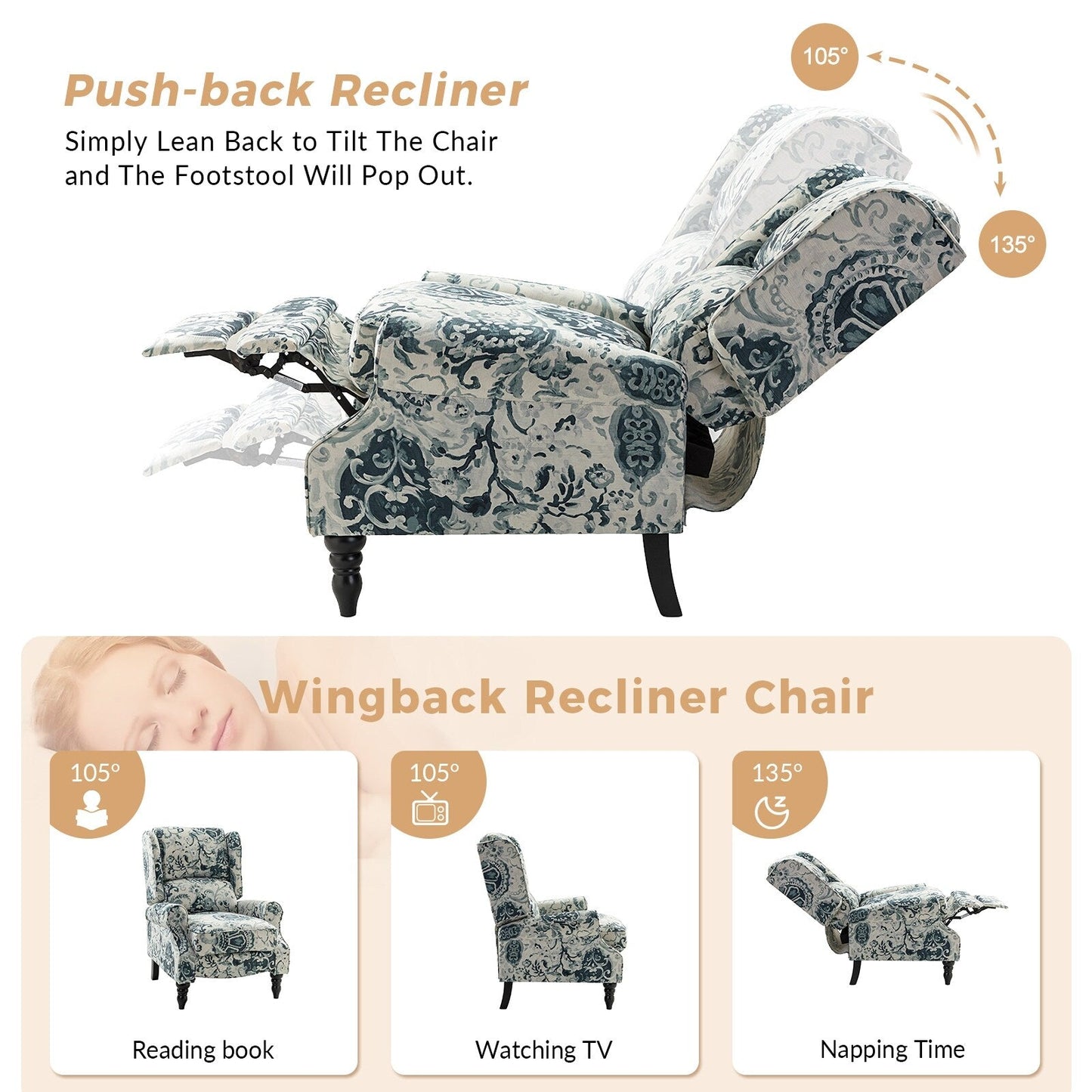 Fauteuil inclinable manuel classique rembourré Olympus avec pieds en bois massif par HULALA HOME