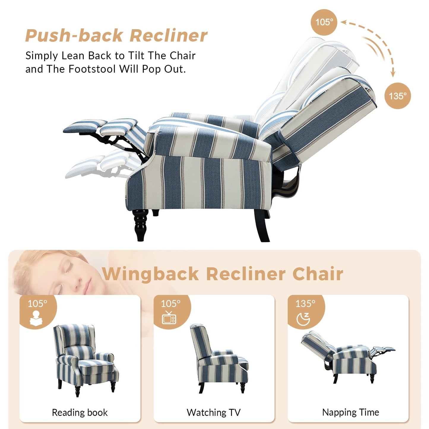 Fauteuil inclinable manuel classique rembourré Olympus avec pieds en bois massif par HULALA HOME
