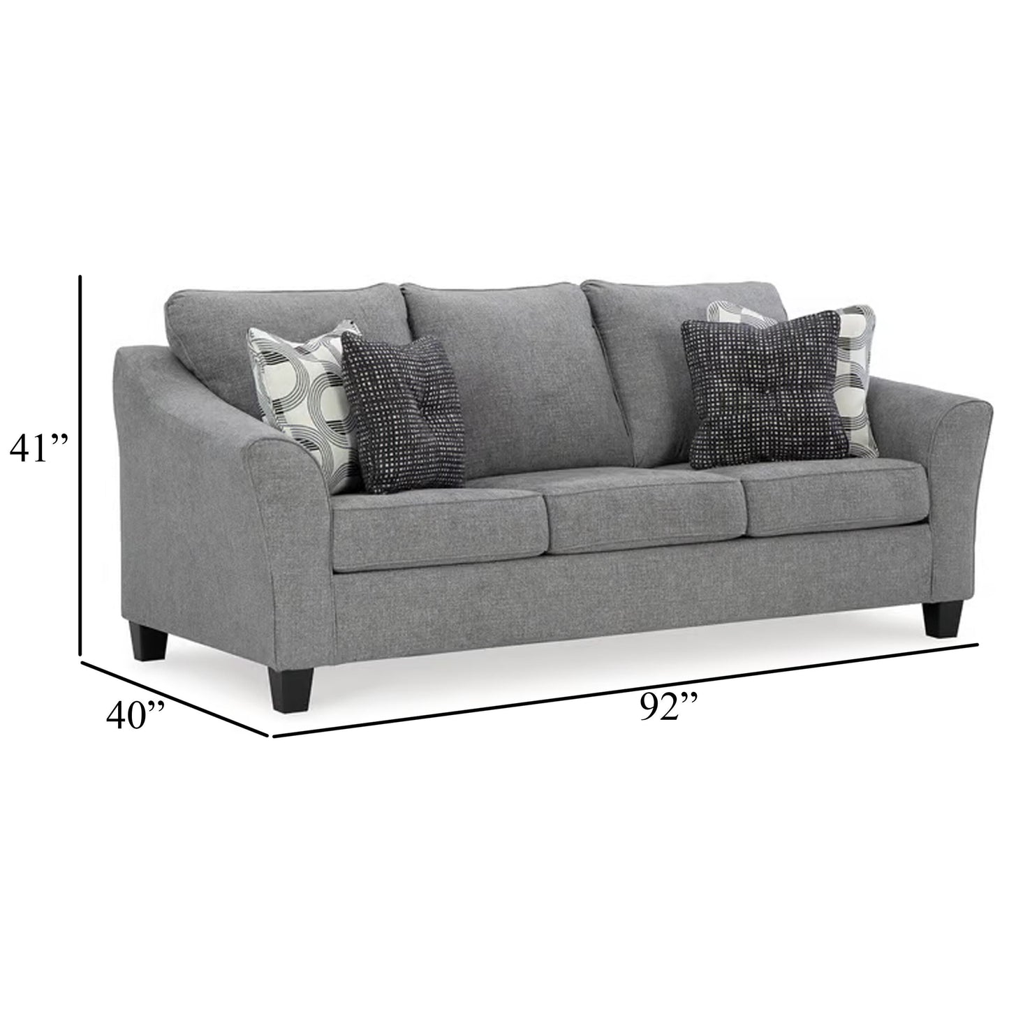 Canapé Onia avec 4 coussins décoratifs, noir, gris fumé, polyester, 92 pouces