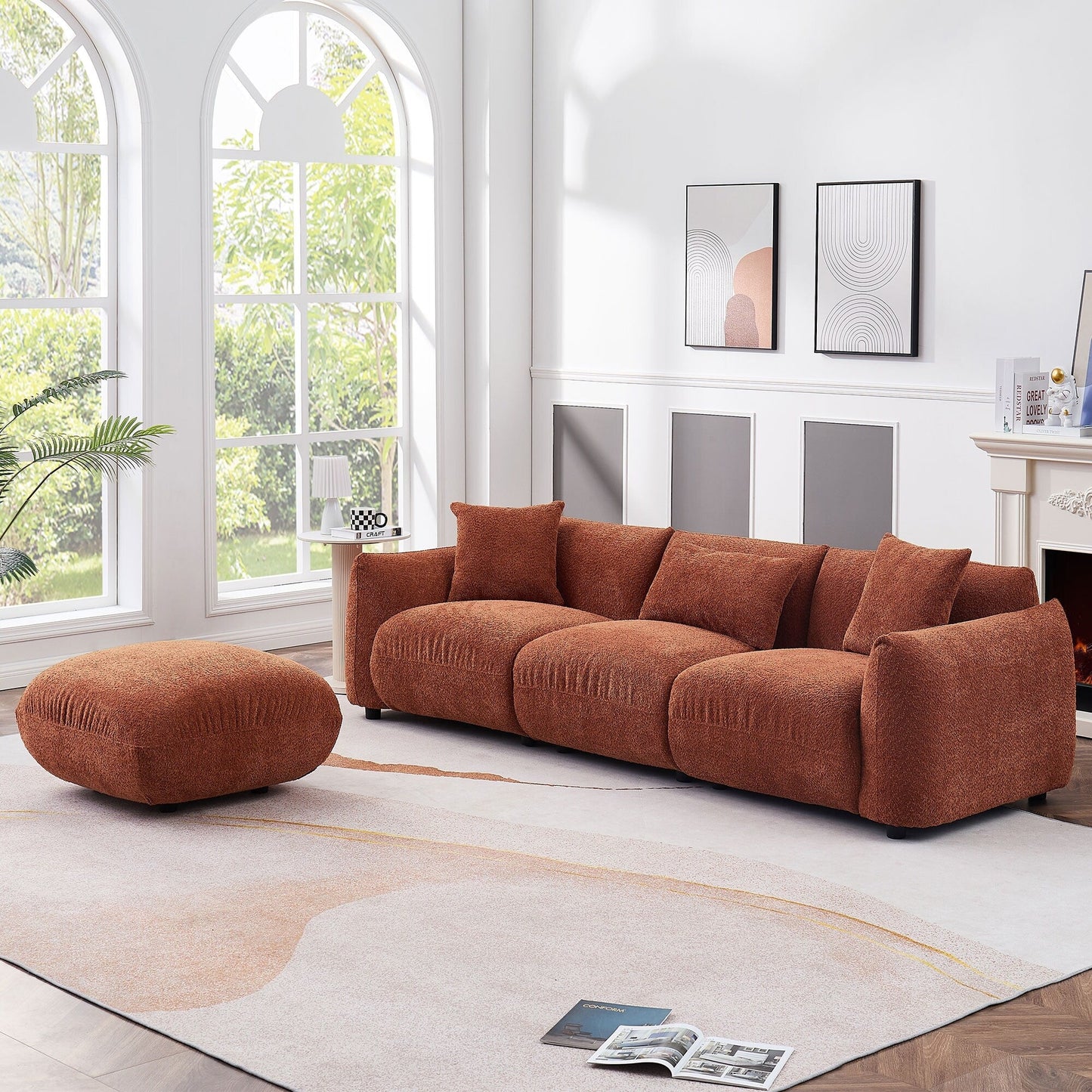 Canapé 3 places en tissu bouclé orange de 260 cm avec 3 oreillers, pouf, dossier ergonomique et coussins d'assise épais