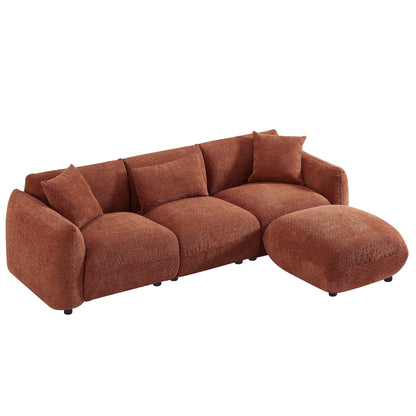 Canapé en tissu bouclé orange de 102,36 po avec trois oreillers, pouf, design ergonomique et coussins épais