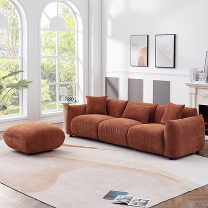 Canapé en tissu bouclé orange de 102,36 po avec trois oreillers, pouf, design ergonomique et coussins épais