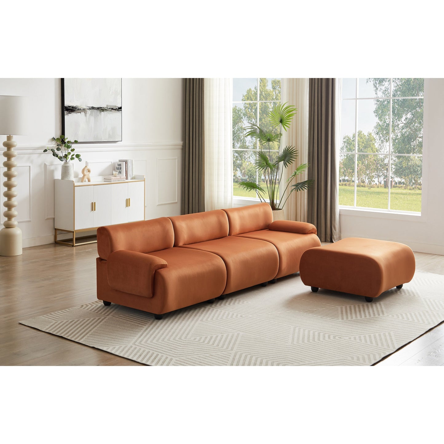 Grand canapé modulaire 3 places Orange 105, avec pouf amovible, assise profonde style nuage, structure en bois massif