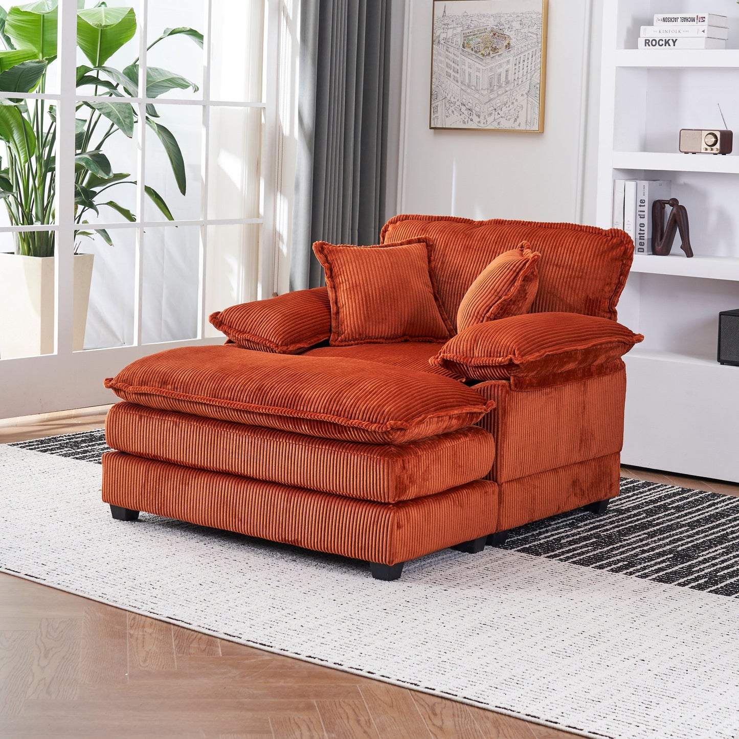 Canapé simple profond en velours côtelé orange 59,3 avec 2 coussins décoratifs et pouf pour le salon