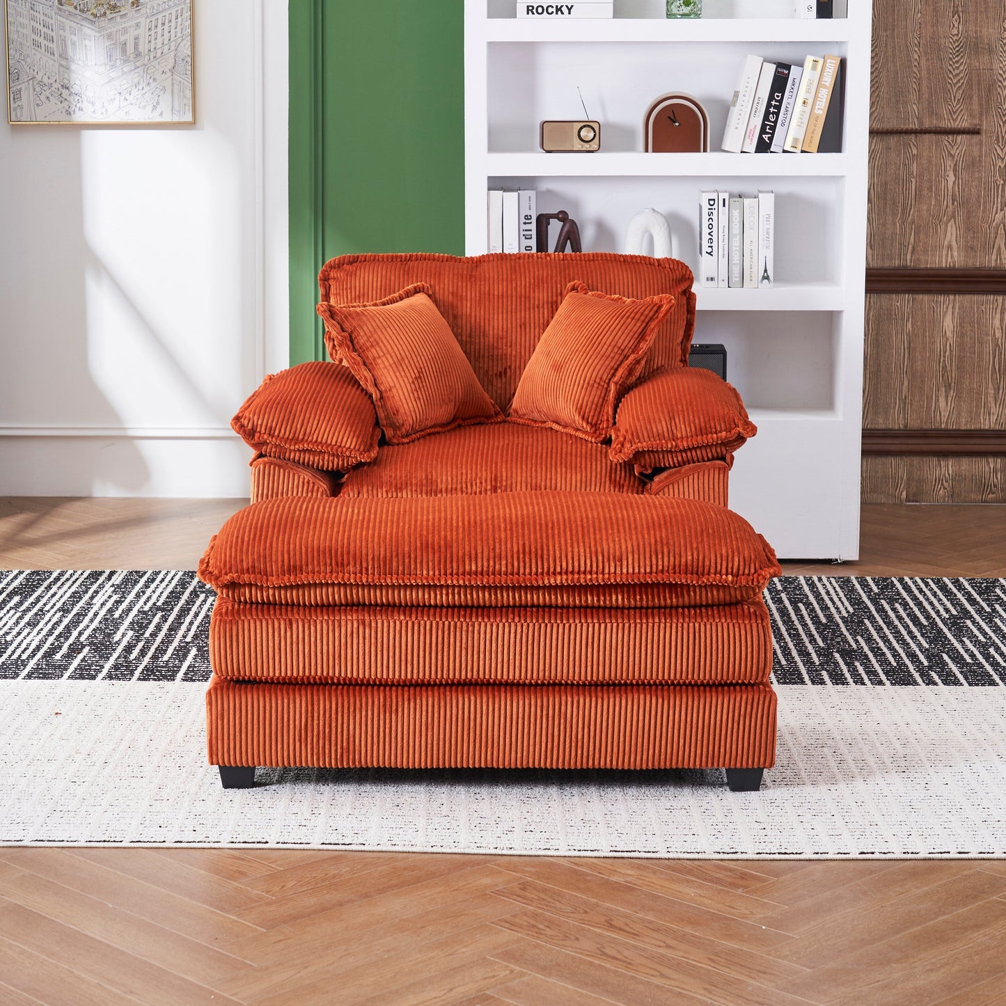 Canapé simple profond en velours côtelé orange 59,3 avec 2 coussins décoratifs et pouf pour le salon
