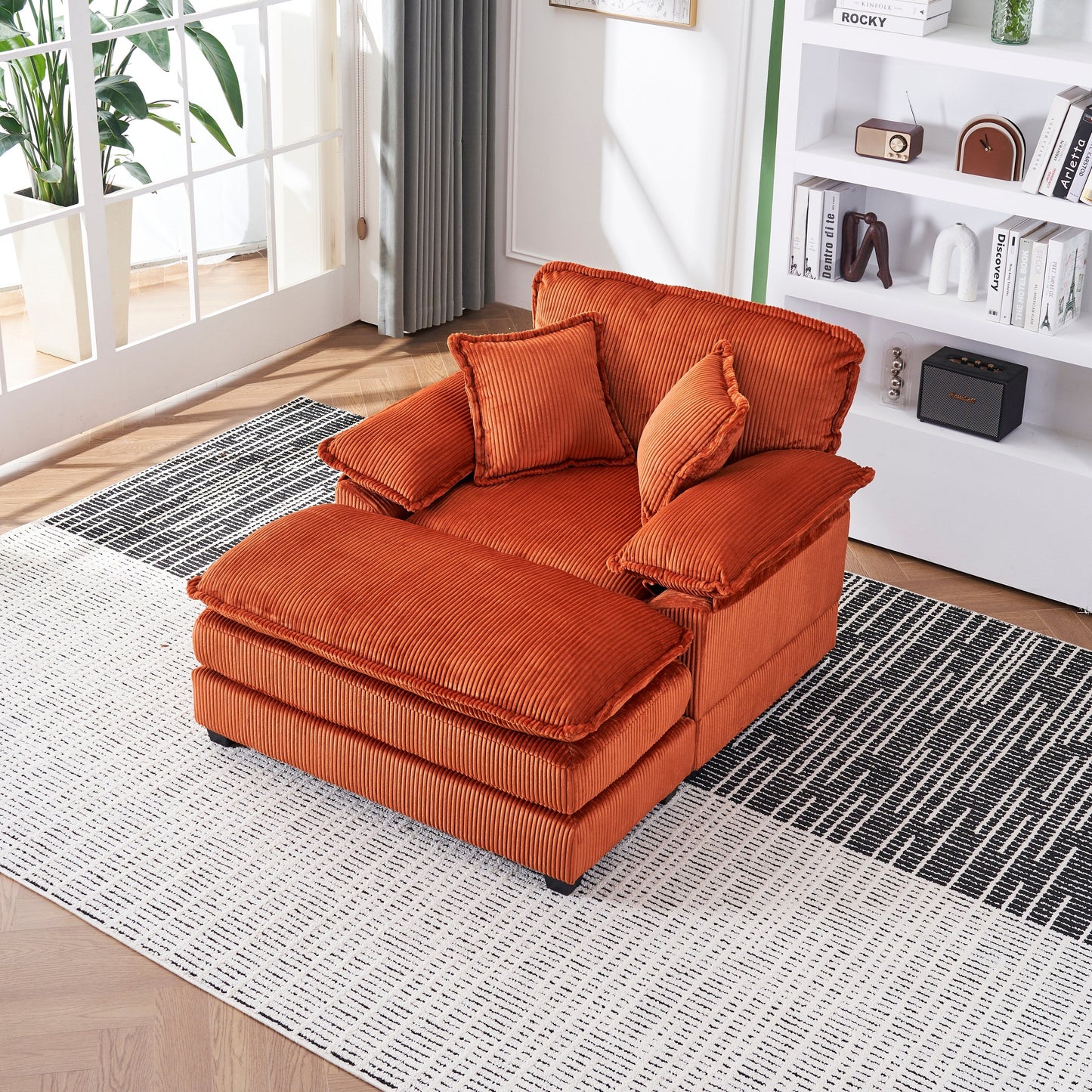 Canapé simple profond en velours côtelé orange 59,3 avec 2 coussins décoratifs et pouf pour le salon