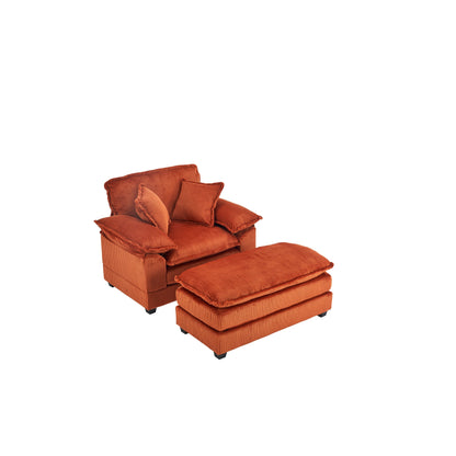 Canapé simple profond en velours côtelé orange 59,3 avec 2 coussins décoratifs et pouf pour le salon