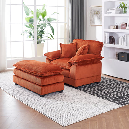 Canapé simple profond en velours côtelé orange 59,3 avec 2 coussins décoratifs et pouf pour le salon