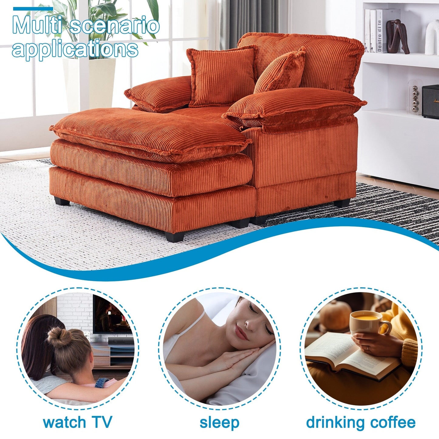 Canapé simple profond en velours côtelé orange 59,3 avec 2 coussins décoratifs et pouf pour le salon