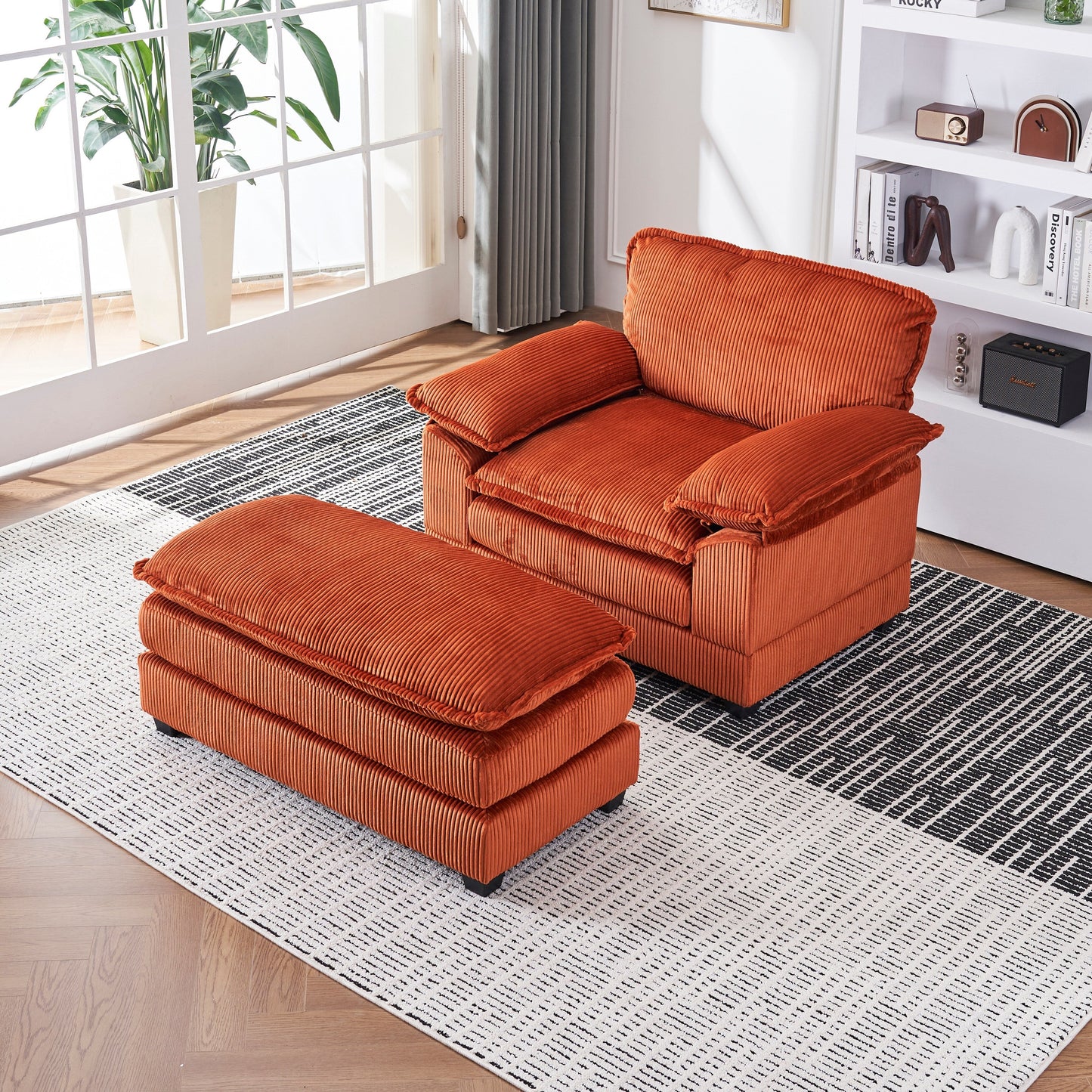 Canapé simple profond en velours côtelé orange 59,3 avec 2 coussins décoratifs et pouf pour le salon