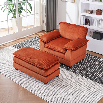 Canapé simple profond en velours côtelé orange 59,3 avec 2 coussins décoratifs et pouf pour le salon