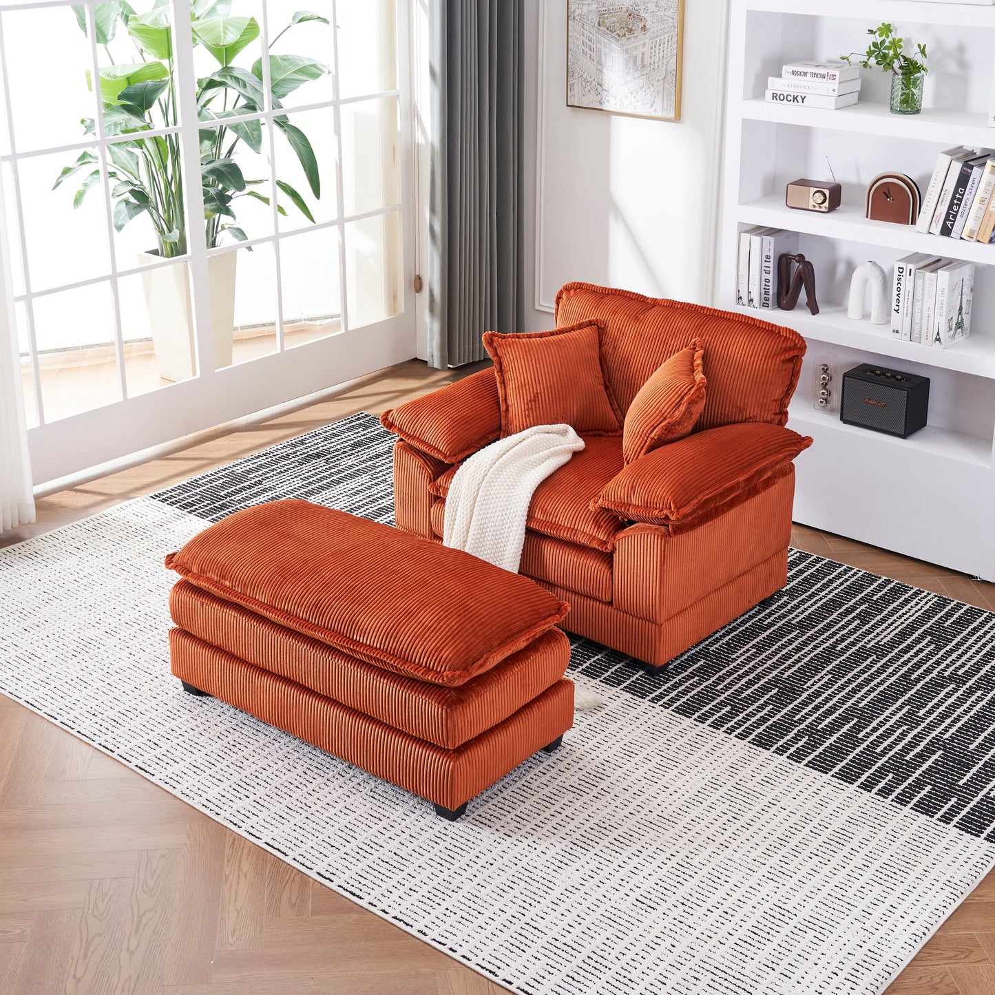 Canapé simple profond en velours côtelé orange 59,3 avec 2 coussins décoratifs et pouf pour le salon