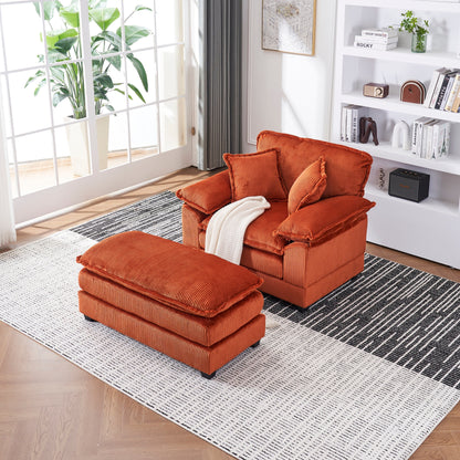 Canapé simple profond en velours côtelé orange 59,3 avec 2 coussins décoratifs et pouf pour le salon