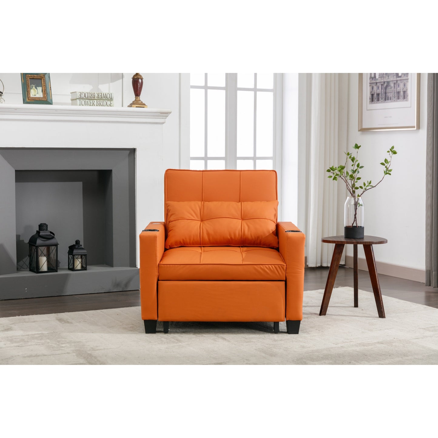 Canapé convertible 3 en 1 en similicuir orange 68.12 avec ports USB et tissu résistant à l'usure pour le salon