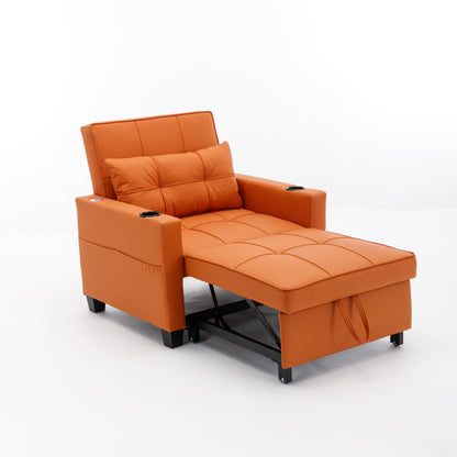 Canapé convertible 3 en 1 en similicuir orange 68.12 avec ports USB et tissu résistant à l'usure pour le salon