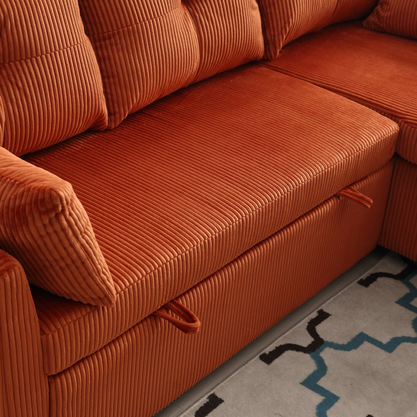 Canapé en tissu orange en forme de L de 81,1 pouces avec méridienne réversible, rangement, structure en bois massif et assise en mousse