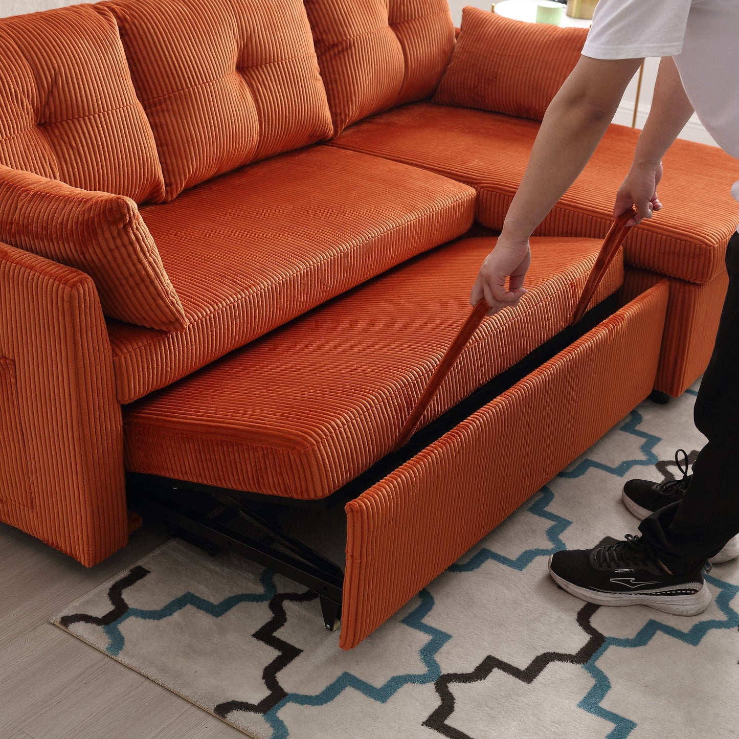 Canapé en tissu orange en forme de L de 81,1 pouces avec méridienne réversible, rangement, structure en bois massif et assise en mousse