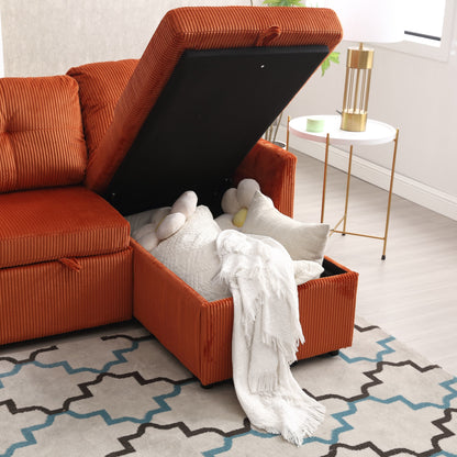 Canapé en tissu orange en forme de L de 206 cm : méridienne réversible, rangement, structure en bois massif et assise en mousse