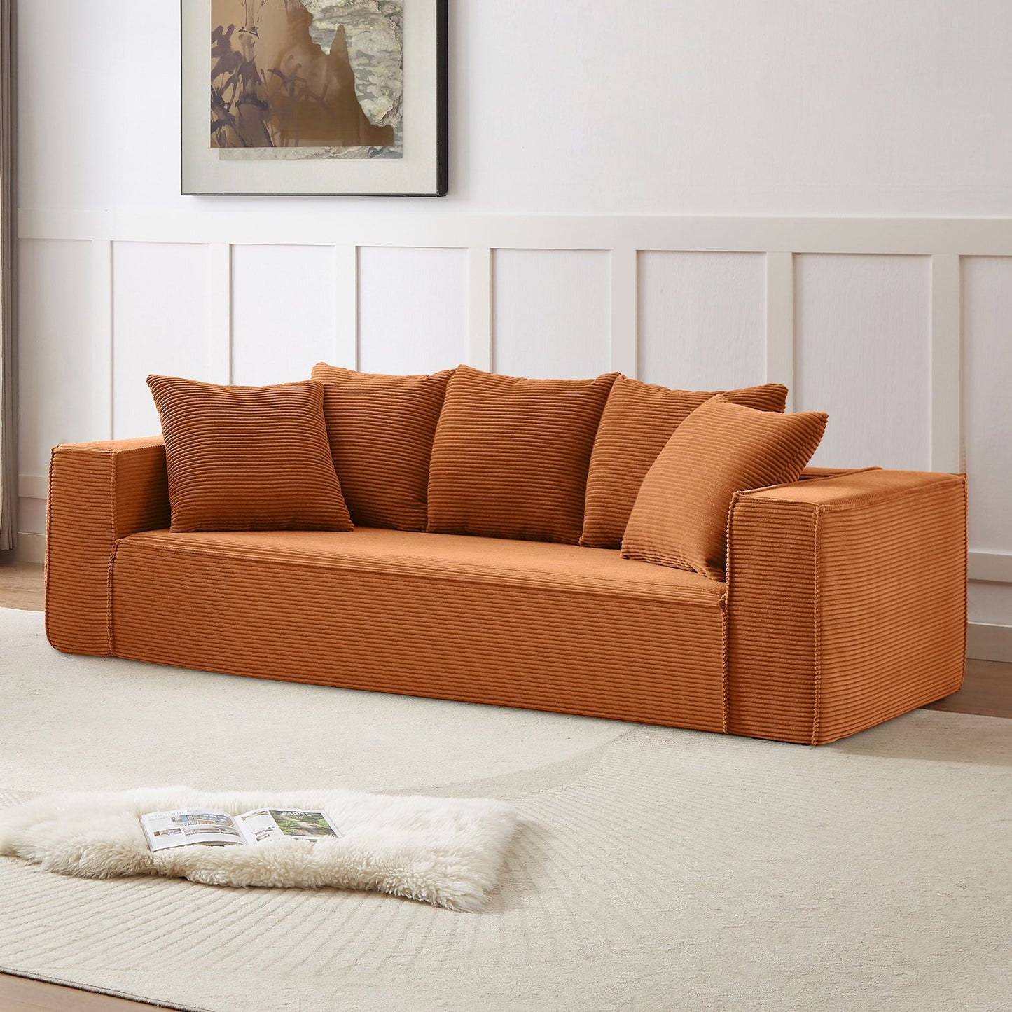 Canapé en velours côtelé orange de 89 pouces avec 5 coussins décoratifs et design élégant
