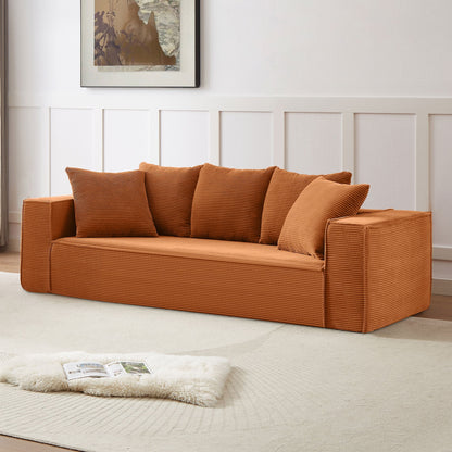 Canapé en velours côtelé orange de 89 pouces avec 5 coussins décoratifs et design élégant