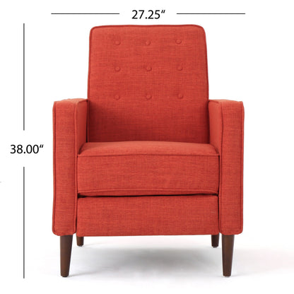 Fauteuil inclinable rembourré en tissu orange style milieu du siècle avec repose-pieds, dossier capitonné et pieds en hêtre