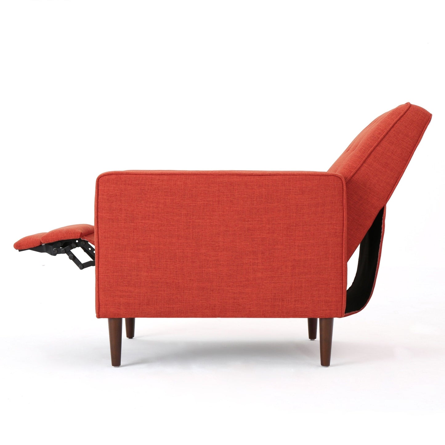 Fauteuil inclinable rembourré en tissu orange style milieu du siècle avec repose-pieds, dossier capitonné et pieds en hêtre
