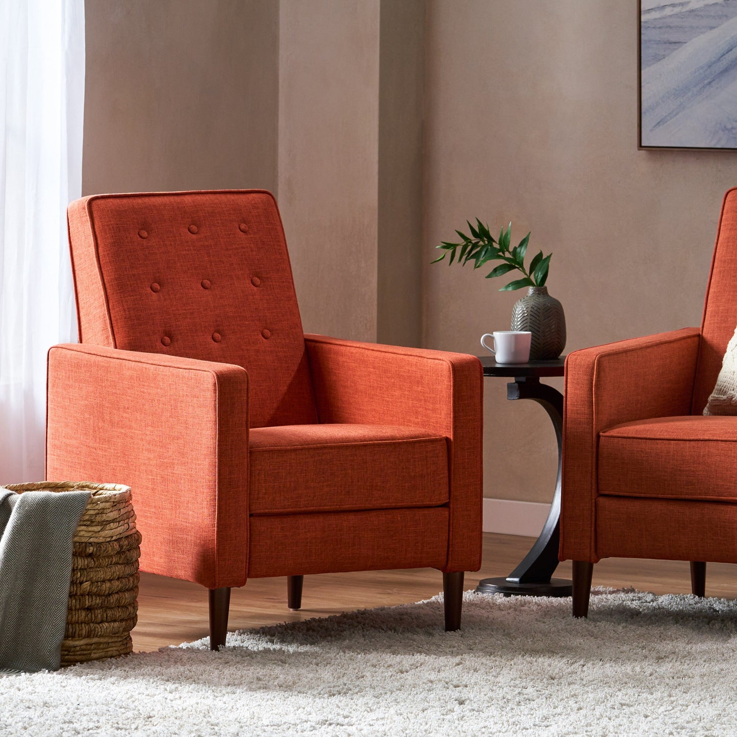 Fauteuil inclinable rembourré en tissu orange style milieu du siècle avec repose-pieds, dossier capitonné et pieds en hêtre