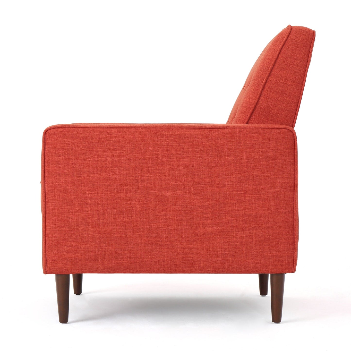 Fauteuil inclinable rembourré en tissu orange style milieu du siècle avec repose-pieds, dossier capitonné et pieds en hêtre