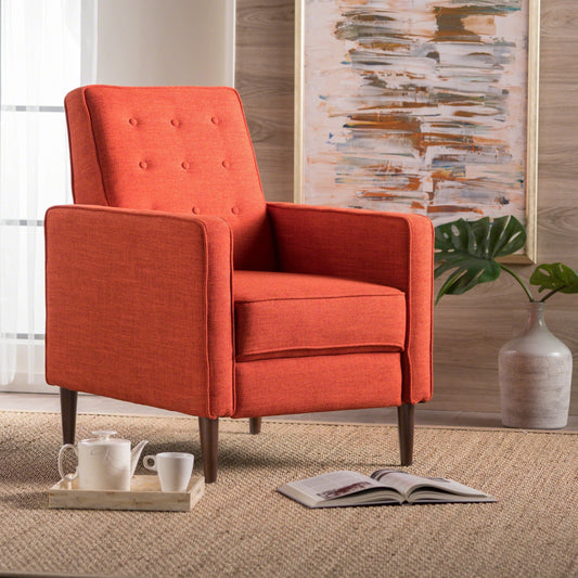 Fauteuil inclinable rembourré en tissu orange style milieu du siècle avec repose-pieds, dossier capitonné et pieds en hêtre