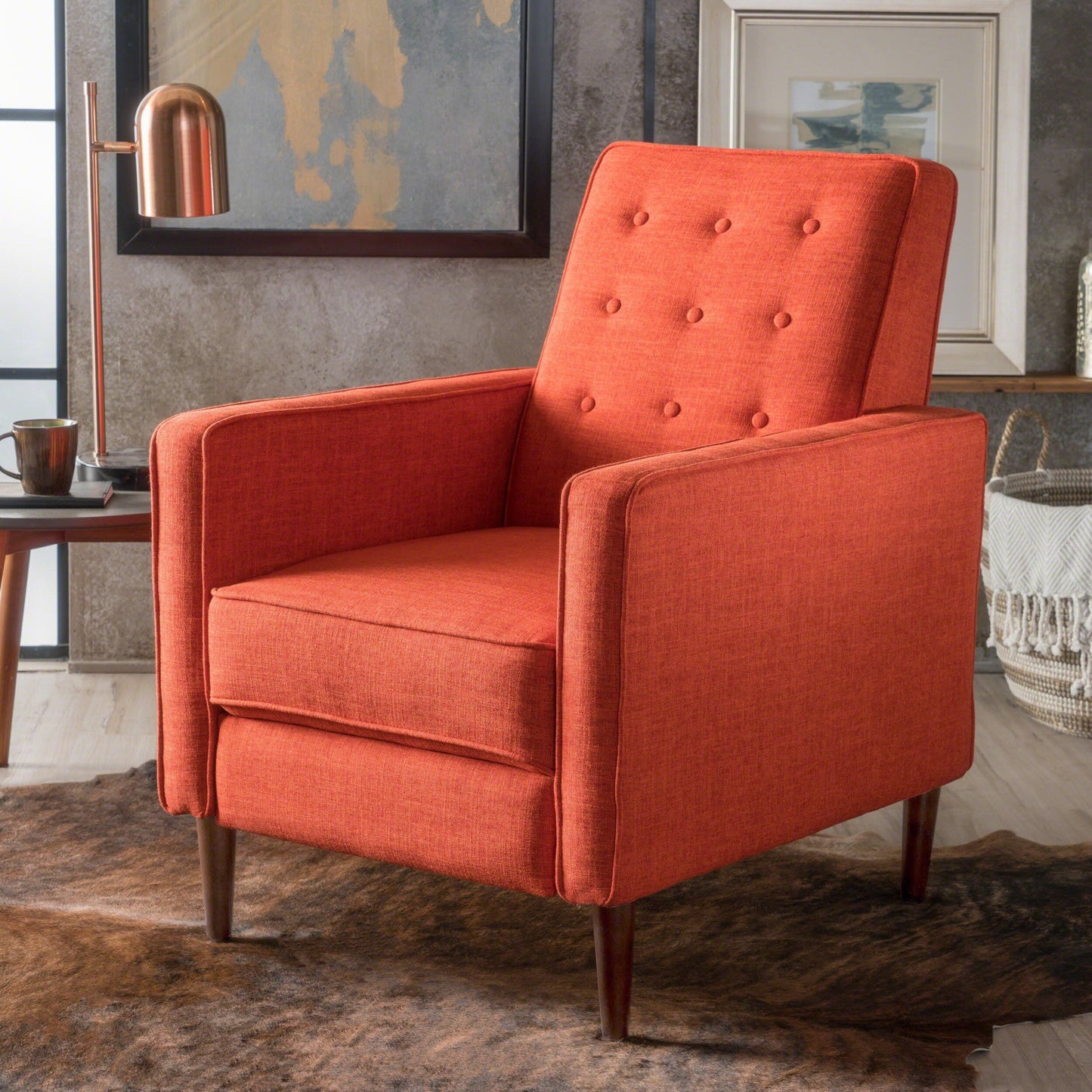 Fauteuil inclinable rembourré en tissu orange style milieu du siècle avec repose-pieds, dossier capitonné et pieds en hêtre