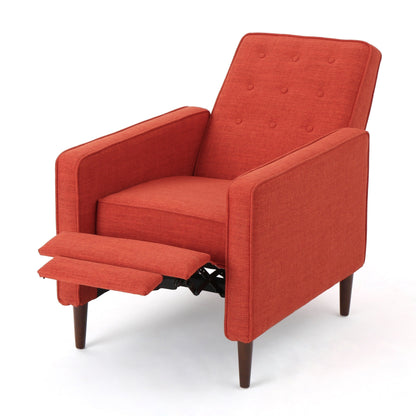 Fauteuil inclinable rembourré en tissu orange style milieu du siècle avec repose-pieds, dossier capitonné et pieds en hêtre
