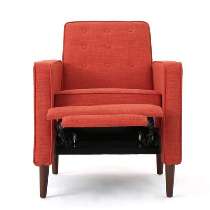 Fauteuil inclinable rembourré en tissu orange style milieu du siècle avec repose-pieds, dossier capitonné et pieds en hêtre