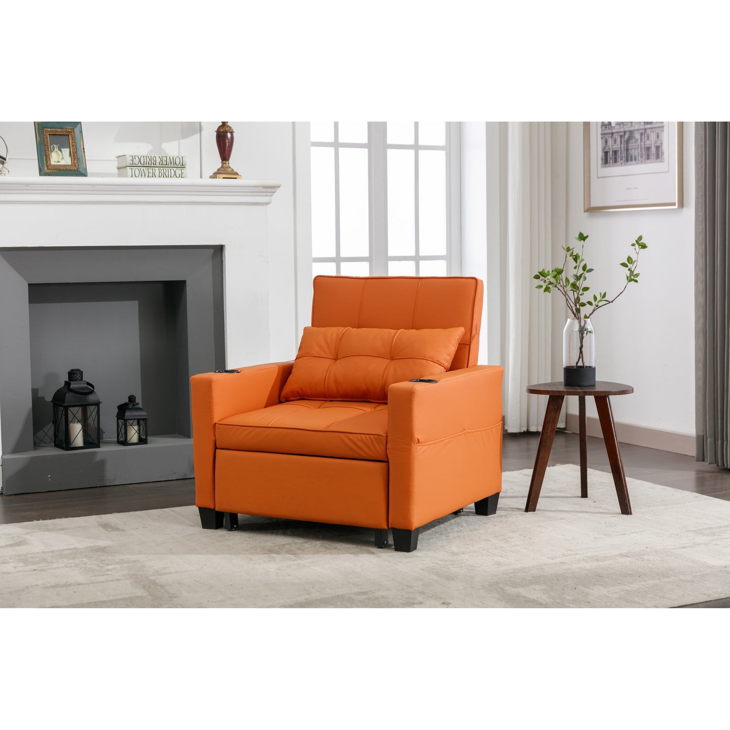 Canapé-lit convertible en similicuir orange avec ports USB