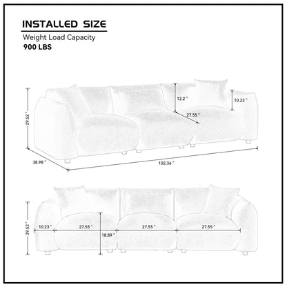 Canapé 3 places rembourré orange Mid Century Modern 102.36 Boucle avec coussins pour salon