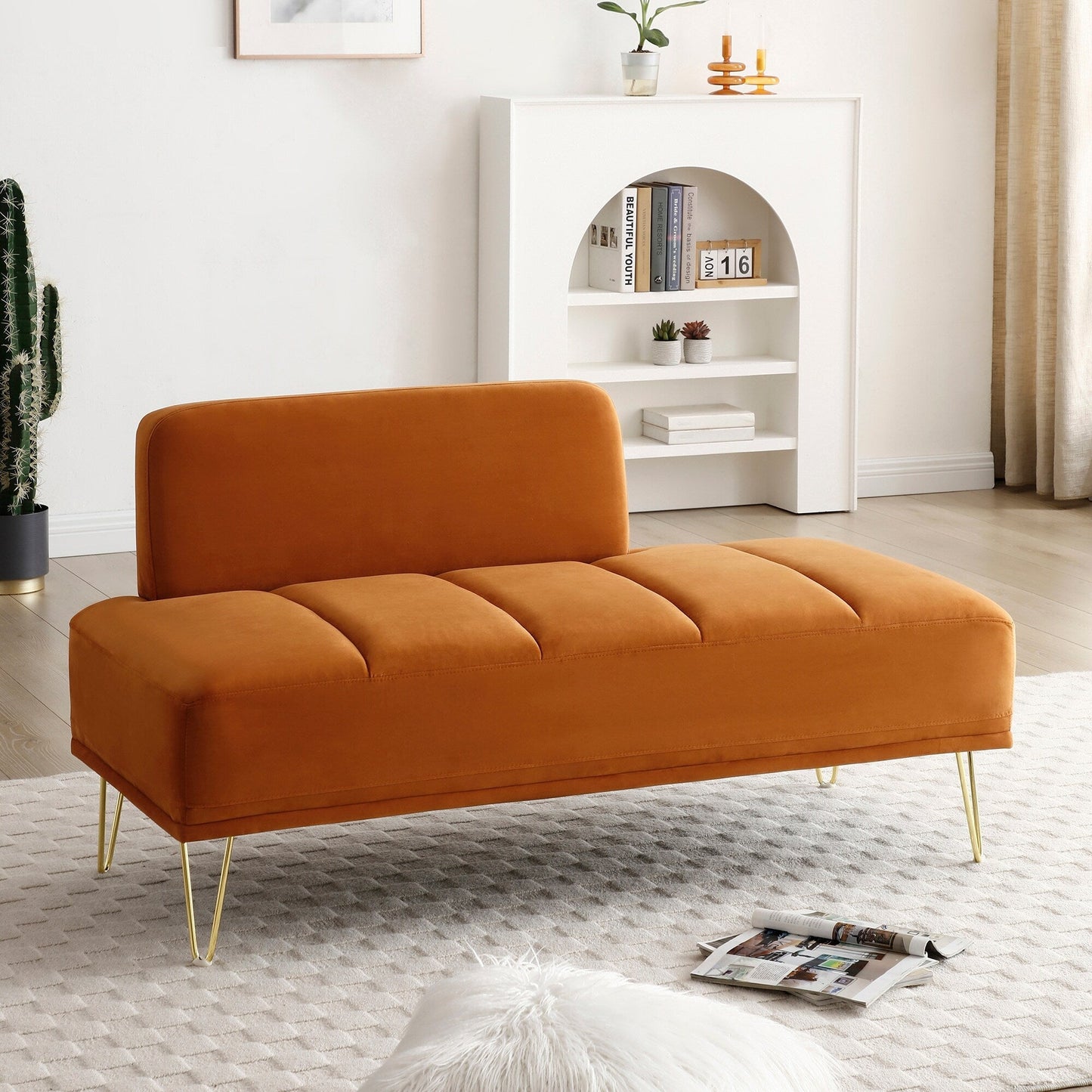Banc de bout de lit rembourré Orange Modern 56.3 avec pieds en métal doré pour chambre à coucher