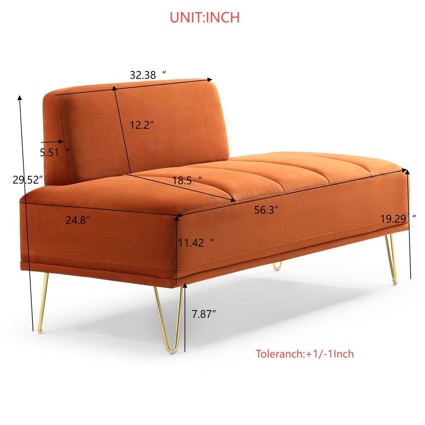 Banc de bout de lit rembourré Orange Modern 56.3 avec pieds en métal doré pour chambre à coucher