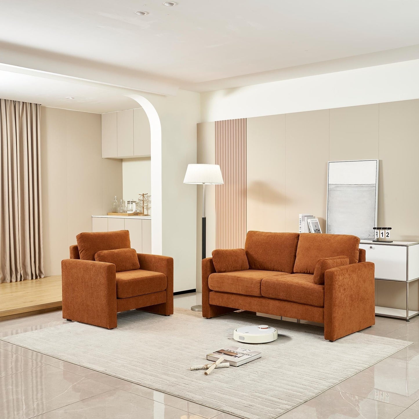 Canapé causeuse orange moderne 58,66 pouces en chenille avec coussins de dossier et oreillers pour le salon