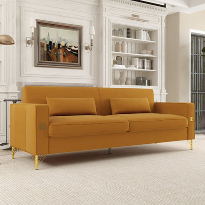 Canapé 3 places en velours orange moderne 85,63 avec touches dorées et coussins moelleux pour le salon