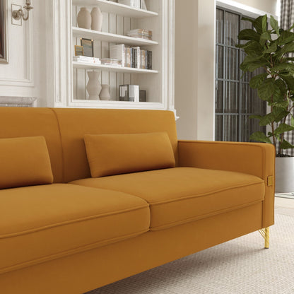 Canapé 3 places en velours orange moderne 85,63 avec touches dorées et coussins moelleux pour le salon