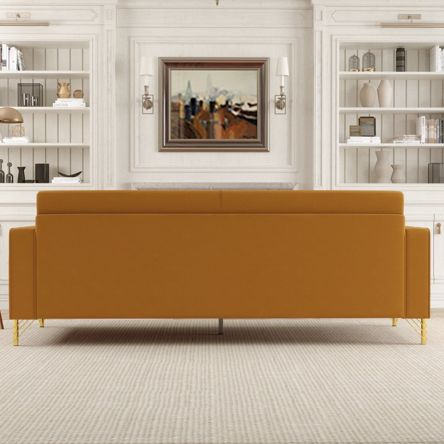 Canapé 3 places en velours orange moderne 85,63 avec touches dorées et coussins moelleux pour le salon