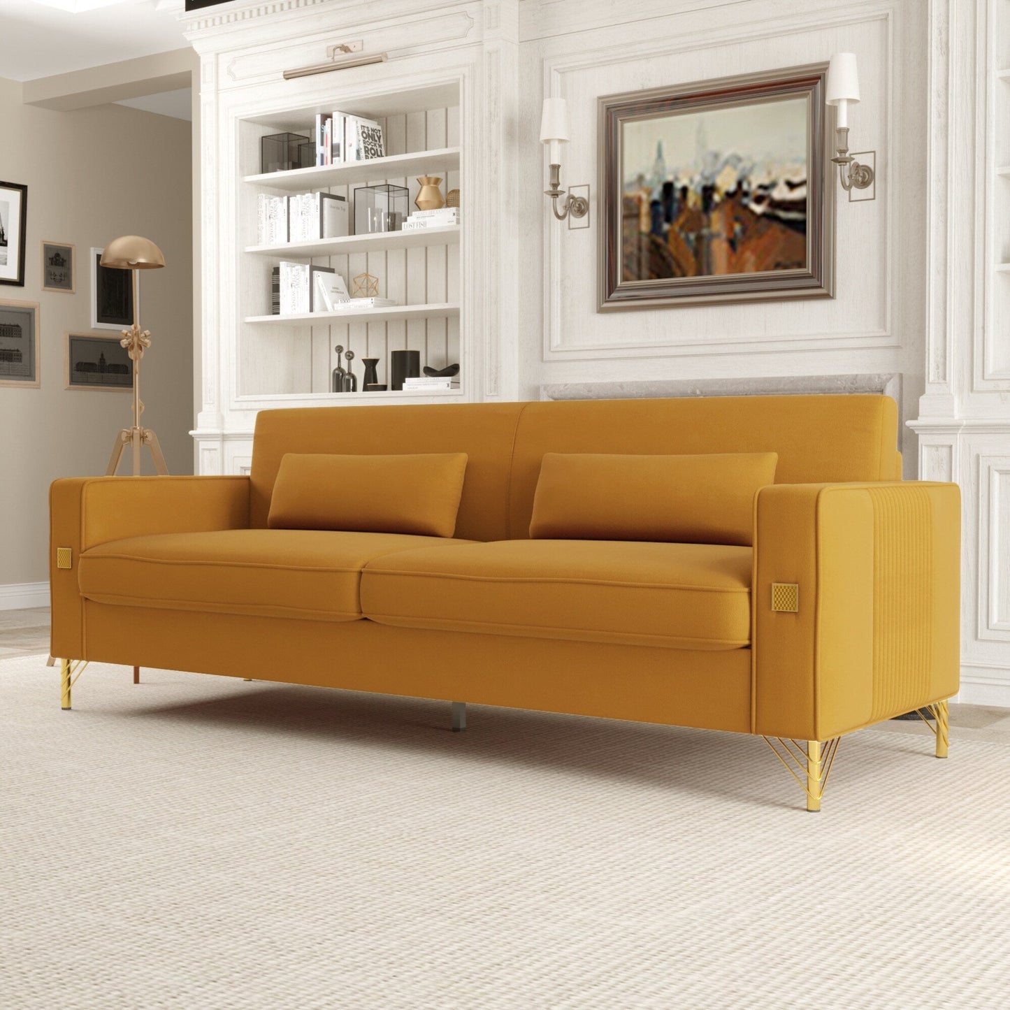 Canapé 3 places en velours orange moderne 85,63 avec touches dorées et coussins moelleux pour le salon